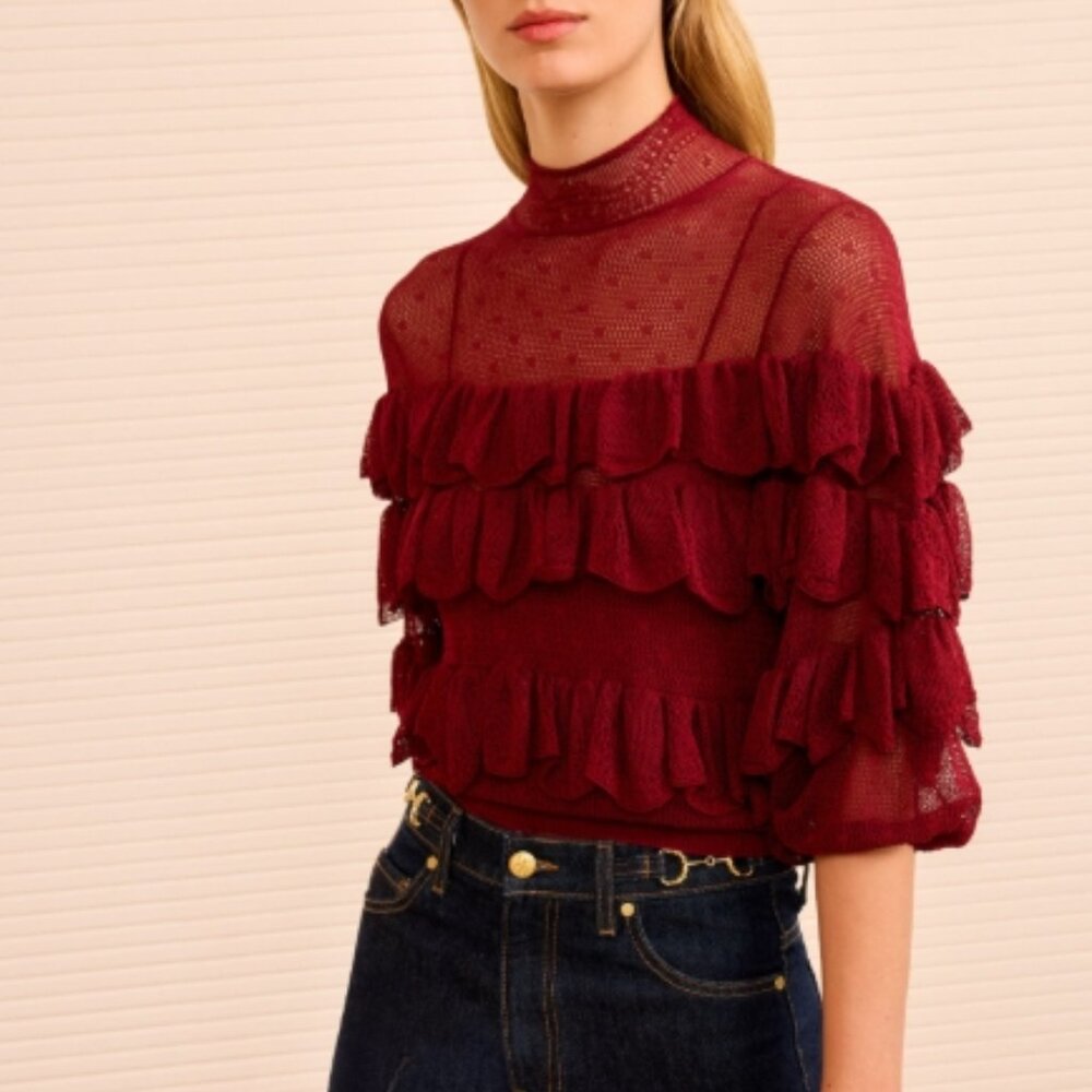 NWOT ULLA JOHNSON Corinna Tiered Ruffle Red Knitted Lace Top in Claret $690